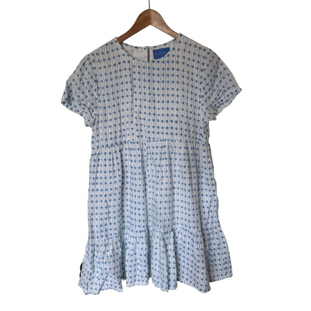 Alice Walk Linen Mini Dress Womens Small Blue Polka Dot Tiered Coastal